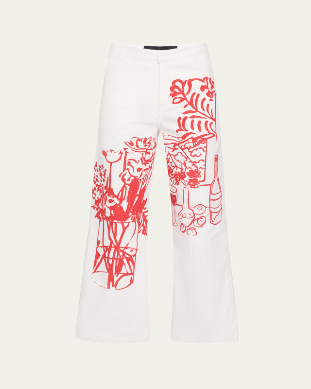 Still Life Silk Screen-Printed Wide-Leg Crop Pants
